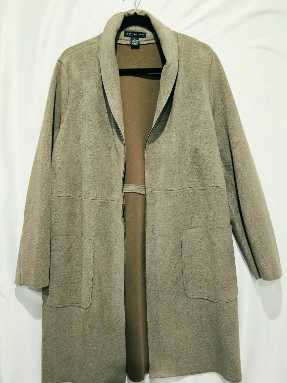 Joan Vass New York Faux Suede Duster Coat XL Taupe Women's Long Open Front